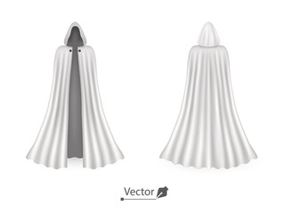 Vector realistic set of white cloaks with hoods. Carnival clothes, fancy dress, masquerade costume for superhero, vampire. Mockup.
