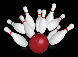 Bowling pins and ball on black background