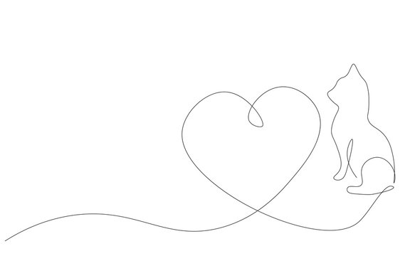 Cat heart love one line drawing. Vector illustration