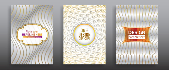 Abstract wave lines luxury white with gold background. Minimal covers design with geometric gradient lines. Creative and inspirational brochure design template.