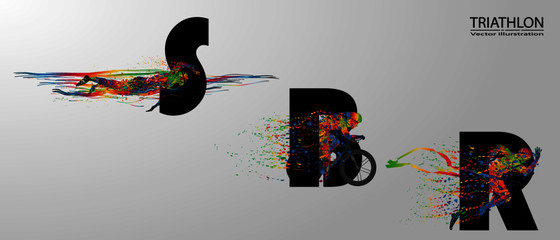 Visual drawing text of "S" swimming, "B" Bike and "R" runner sport at fast of speed in triathlon start to stop game, line design style on white background for vector illustration, logo sport concept
