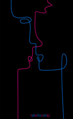 Relationship concept, two vivid colored people look like two line connected with each other, man and woman creative contemporary idea,