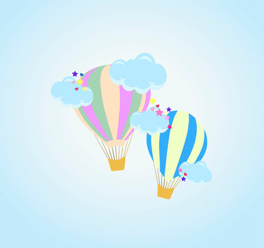 Two Beautiful Balloons With Clouds On A Blue Gradient Background With Stars And Hearts - Children`s Cartoon Vector Illustration - Baby Shower 