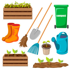 vector garden tools set isolated on white background. gardening icon for Spring or summer design. realistic cartoon style. shovel, rake, watering can, compost container for seasonal work in garden.