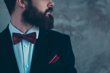 Cropped close-up profile side view portrait of his he nice attractive groomed serious bearded guy model wearing velvet tux isolated over gray concrete industrial wall background
