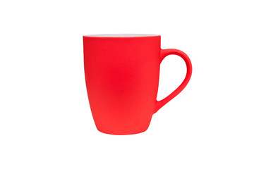 Red mug isolated on a white background. Cookware for coffee or tea drinks.