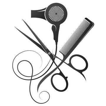 Scissors and comb stylist hair dryer symbol of a beauty salon and hairdresser