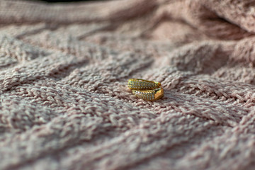 Gold modern earrings of large size, completely covered with small white transparent stones cubic Zirconia, creating artificial gold in a fashionable piece of jewelry on a velvet pink background