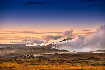 Alternative green energy. Geothermal power station pipeline and steam. Plant located at Reykjanes...
