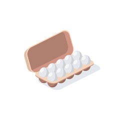Chicken eggs dozen packaging. Vector 3d isometric, color web icon, new flat style. Creative illustration design, idea for infographics.