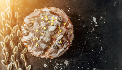 willow branch with fluffy buds and easter cake on the black shabby background in bright sunlight with white crumbs with copy space for text. Easter holiday card flat lay