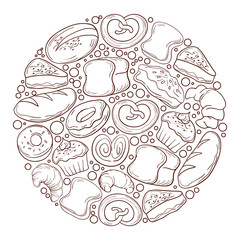 Circle of Bakery doodles background, hand drawn bread and pastry sketches. Isolated on background