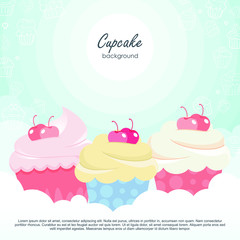Doodle Cupcakes with sky background. flat cartoon design colorful cream and space for text. suitable for menu, poster, restaurant, banner, birthday card and other