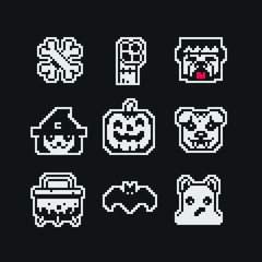 Halloween party character head set. Mystical creatures, greeting card or invitation design elements, design for mosaic, mobile app, web, logo. Isolated pixel art vector illustration. Game assets 1-bit