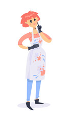 Cartoon style character. Vector illustration woman in apron and latex gloves. Hand drawn happy housewife