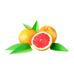 Juicy grapefruits with green leaves from paper isolated on white background