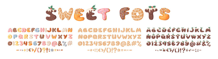 Three cartoon vector illustrations donuts, Christmas Dudding and Gingerbread Cookies. Hand drawn font with sweets. Actual Creative art bake alphabet