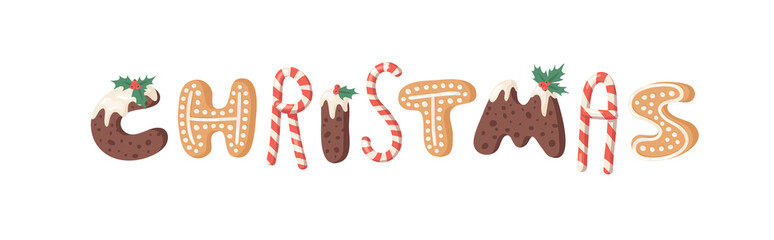 Cartoon vector illustration Christmas food. Hand drawn Word with sweet fonts. Actual Creative Holidays bake alphabet
