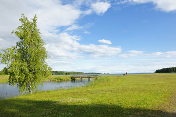 A Man and His Dog Walking Along the Lake Pyhäselkä, Joensuu, Northern Karelia, Finland in Summer Afternoon in June 2019