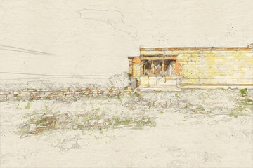 Sketch of  Erechtheion - small temple up on Acropolis hill with Caryatids instead of columns