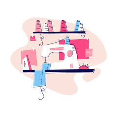 Workplace of seamstress, desktop, textile, sewing machine, iron, threads. Concept design. Vector illustration on white background.