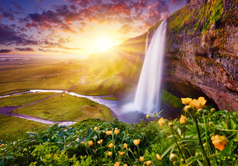 Incredible sunset on Seljalandsfoss. One of the most beautiful waterfalls on the Iceland, Europe. Popular and famous tourist attraction summer holiday destination in on South Iceland. Travel postcard.