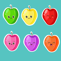 set of illustrations with a cute apple, different emotions, characters in cartoon style, on a blue background. can be used as stickers. cute fruits