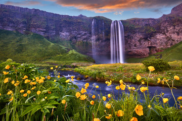 Obrazy na Szkle  Niesamowity zachód słońca na Seljalandsfoss. Jeden z najpiękniejszych wodospadów na Islandii w Europie. Popularna i znana atrakcja turystyczna letnie wakacje w południowej Islandii. Pocztówka z podróży.