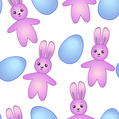 Vector illustration. Seamless pattern with simple silhouettes of eggs and bunnies. On the topic of Easter. Colorful, bright, childish, cute. For festive textiles and decor.