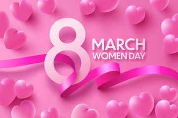 8 march women's day Poster or banner with sweet hearts and ribbon on pink background.Promotion and shopping template or background for Love and women's day concept