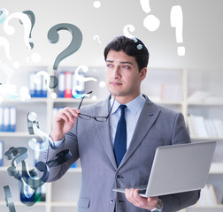 Businessman in uncertainty concept with many unanswered question