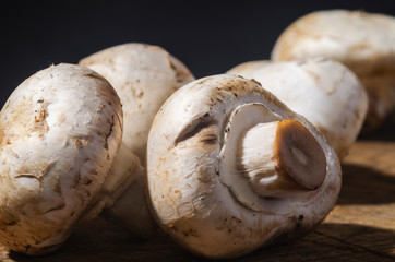 fresh mushrooms on an old wooden board