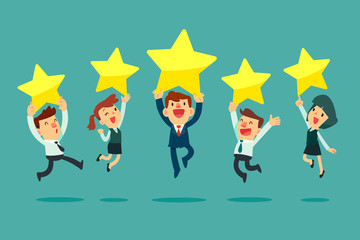 business people jumping and holding golden review stars