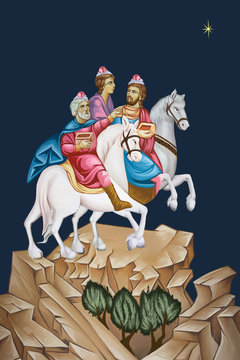The Adoration of the Magi. Three Kings. Christmas religious illustration in Byzantine style