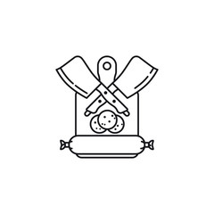 Chopping board, butcher knives, sausage vector line icon