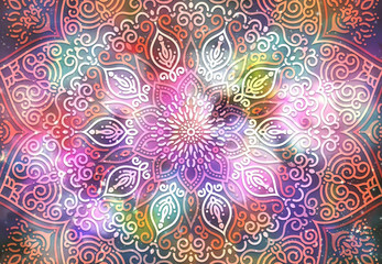 Abstract mandala graphic design and watercolor digital art painting for ancient geometric concept background