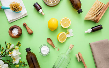 Fototapeta na wymiar Cleaning eco products background, soda, lemon, vinegar