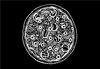 Graphical hand-drawn pizza isolated on black background, vector engraved illustration	