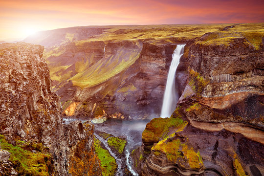 Amazing panoramic view of Haifoss waterfall on the Fossa river near the volcano Hekla, the second highest waterfall in Iceland, 122 meters high, Scandinavia, Europe. Travel concept background.. © zicksvift