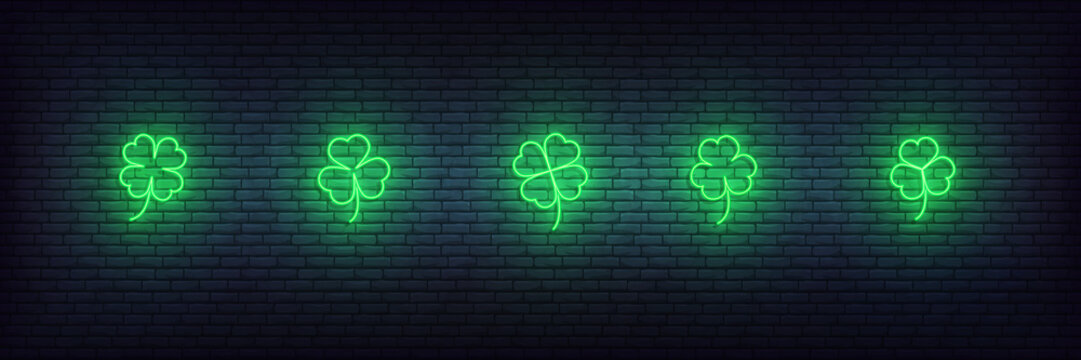 Clover Neon Icons For Saint Patricks Day. Set Of Green Irish Shamrock Icons For Saint Patrick's Day