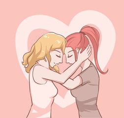 lgbtq gay lesbian couple in love touching each other faces concept heart warming promise and feeling share in positive relationship vector illustration
