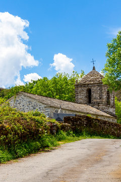 Parish Church Of San Esteban In Linares, Province Of Lugo, Galicia, Spain On The Way Of St. James, Camino De Santiago On A Sunny Spring Day