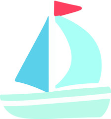Flat colored light blue yacht with red flag
