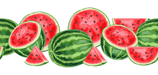 Seamless pattern with watermelons and slices.