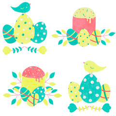 Easter eggs and Easter cake.Funny  hand-drawn clip-art. For printing, stickers, postcards, posters, packaging.