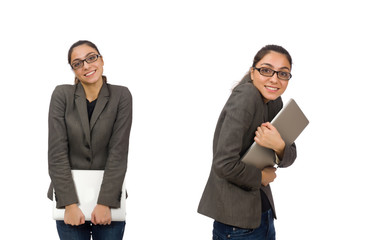 Young student with laptop on white