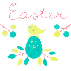 Simple illustration with a funny plot. Spring branches, cat and bird drawn in gouache on paper. Elements on a white background. For printing on postcards, printing, textiles