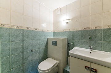 Russia, Moscow- October 10, 2019: interior room apartment modern bright cozy atmosphere. general cleaning, home decoration, bathroom, sink, decoration elements, toilet