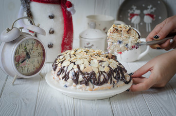 Cake without baking cookies with blackcurrant and cream
