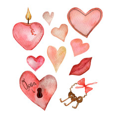 Watercolor illustration of a set of hearts, candle, keys. Hand-drawn and suitable for all types of design and printing.